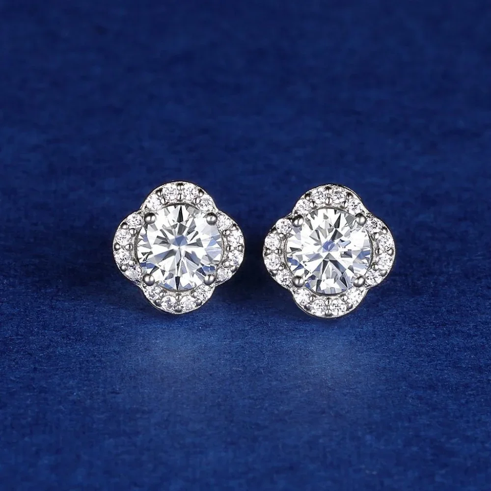 Certified 1ct. t.w. Moissanite Diamond Clover Halo Stud Earrings NEW